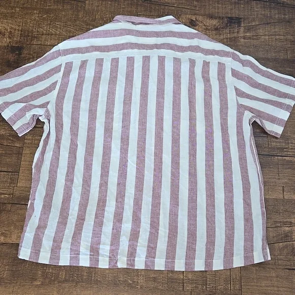 American Eagle Cream Maroon Stripped Linen Button Up Poolside Shirt - Picture 6 of 6